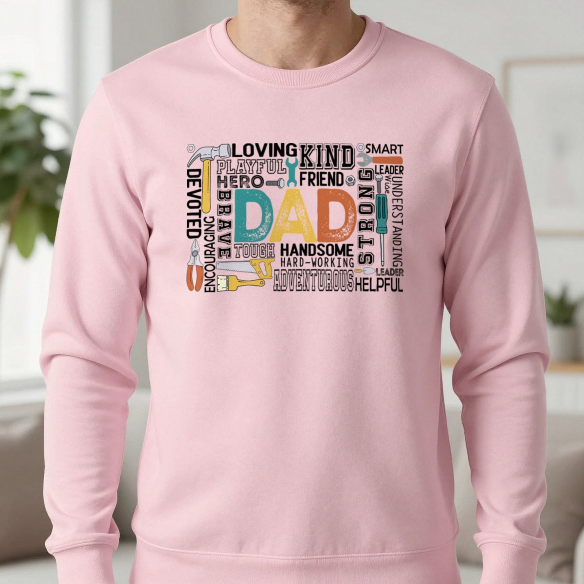 Dad The Handyman Sweatshirt in Light Pink, worn, our photo