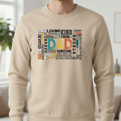 Dad The Handyman Sweatshirt in Sand, worn, our photo