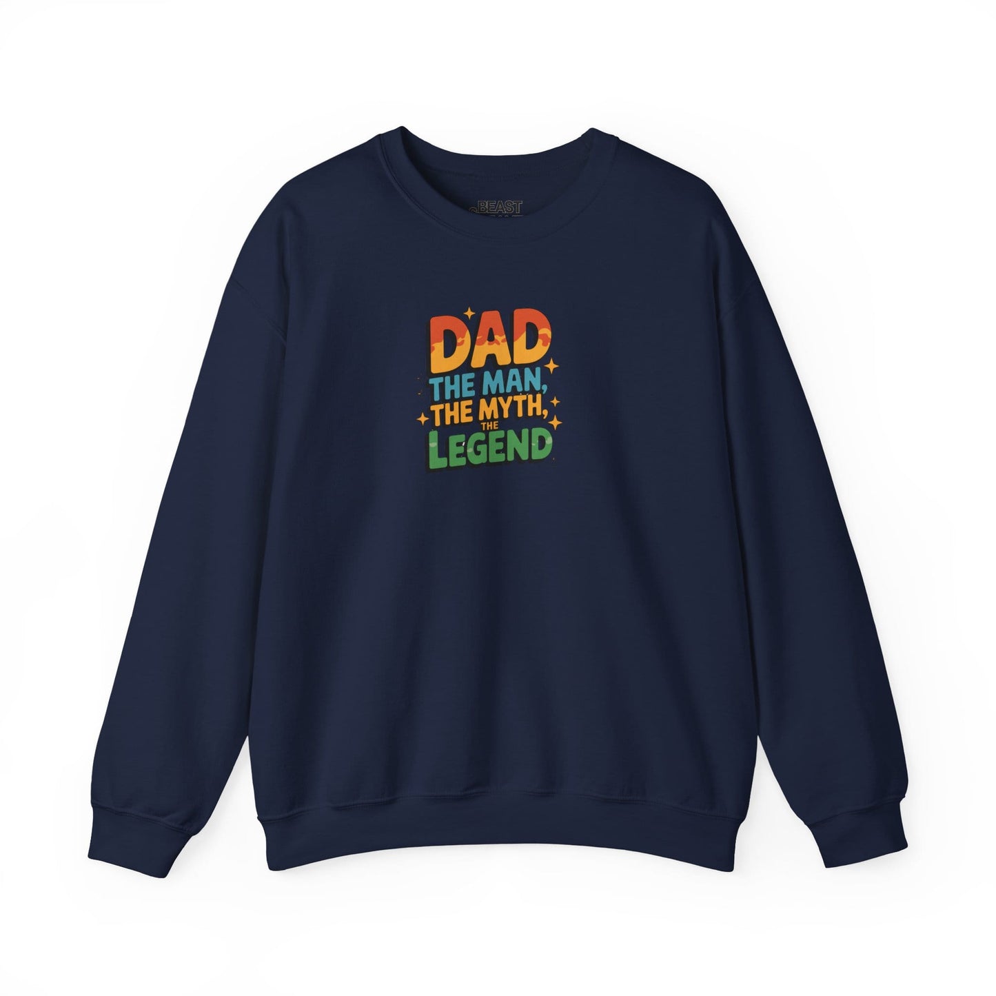 navy sweatshirt with Dad The Man The Myth The Legend bold slogan for dads