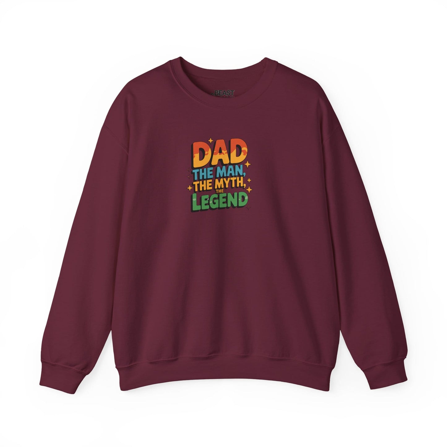 maroon sweatshirt with Dad The Man The Myth The Legend funny dad design