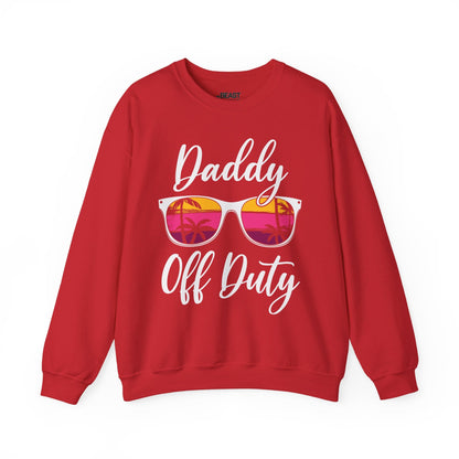 red sweatshirt with daddy off duty funny slogan for dads and grandads