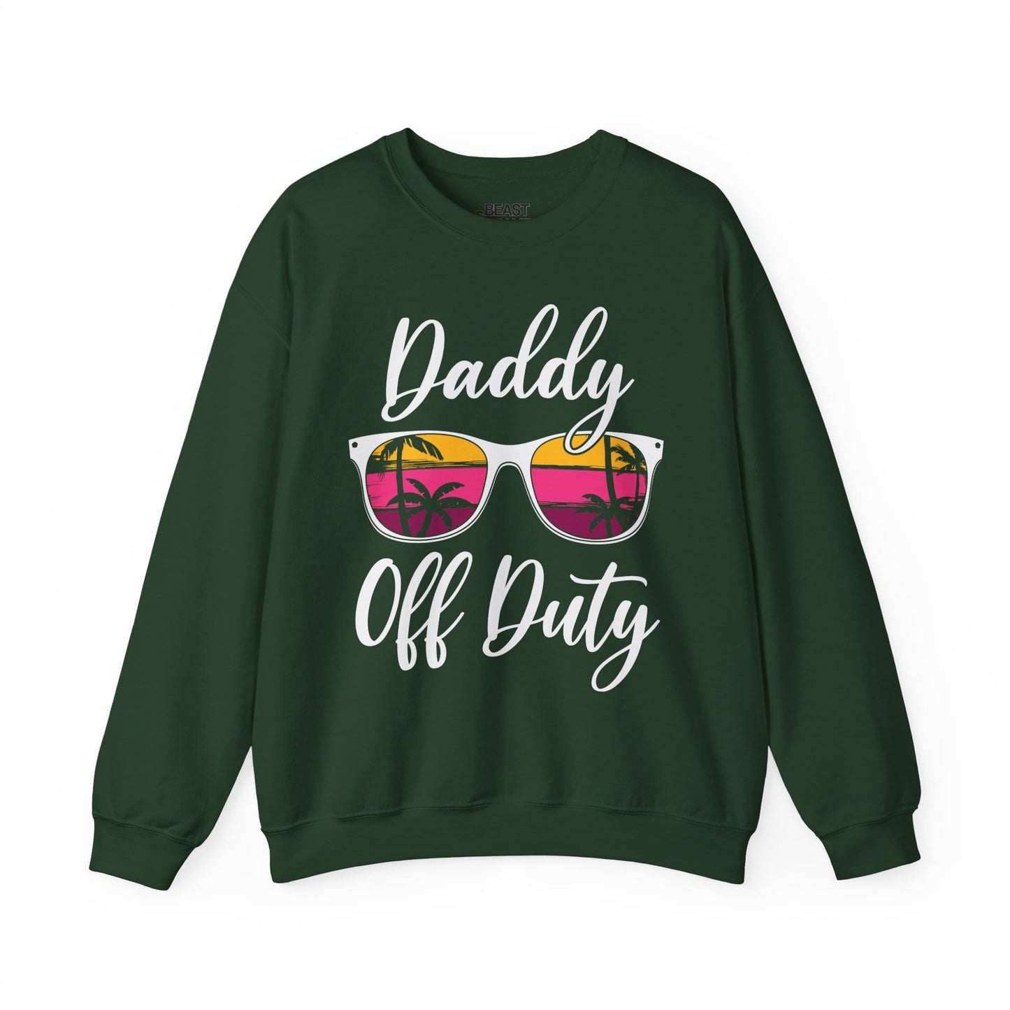 forest green sweatshirt with daddy off duty funny dad slogan design