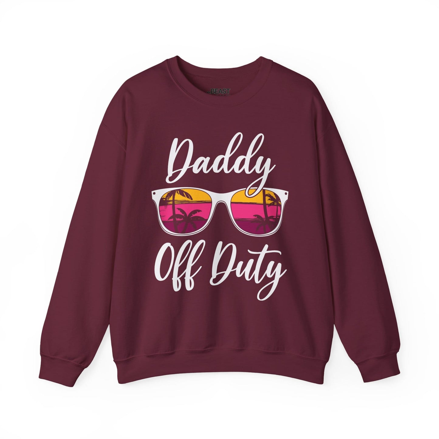 maroon sweatshirt with daddy off duty printed slogan for dads