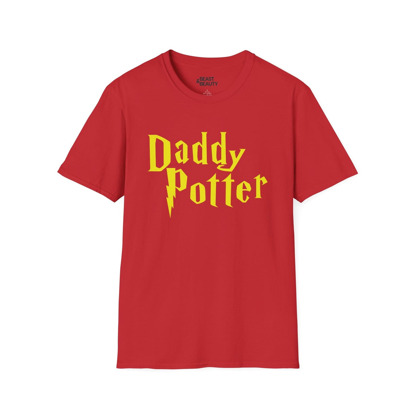 red t-shirt with daddy potter wizard-inspired funny dad graphic
