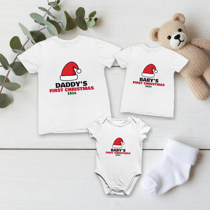 Daddy's First Christmas & Baby's First Christmas matching set flat lay with kids tee