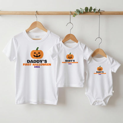 Daddy's First Halloween & Baby's First Halloween matching set grown-up tee, kids tee and baby grow on hangers