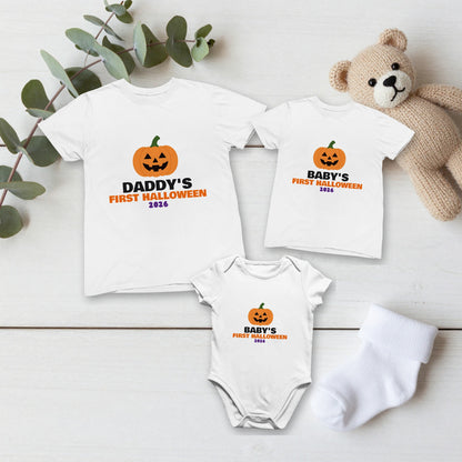 Daddy's First Halloween & Baby's First Halloween matching set flat lay with kids tee