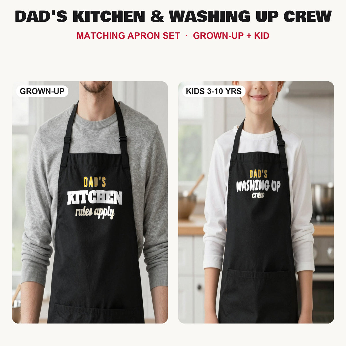 Dad's Kitchen & Washing Up Crew matching apron set in Black: grown-up and kids aprons, our photo