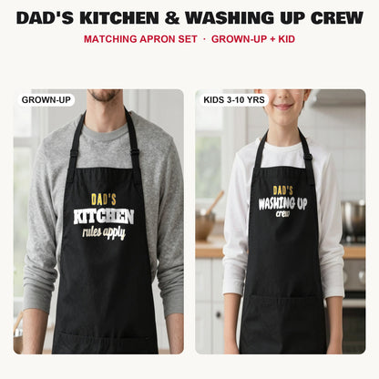 Dad's Kitchen & Washing Up Crew matching apron set in Black: grown-up and kids aprons, our photo