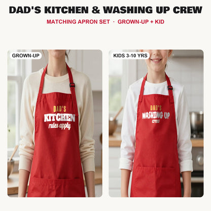 Dad's Kitchen & Washing Up Crew matching apron set in Red: grown-up and kids aprons, our photo