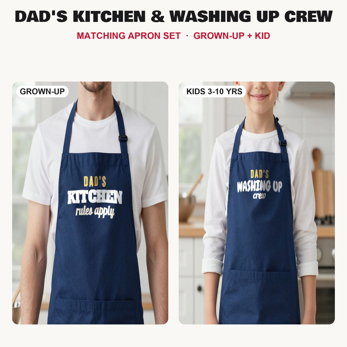 Dad's Kitchen & Washing Up Crew matching apron set in Navy: grown-up and kids aprons, our photo