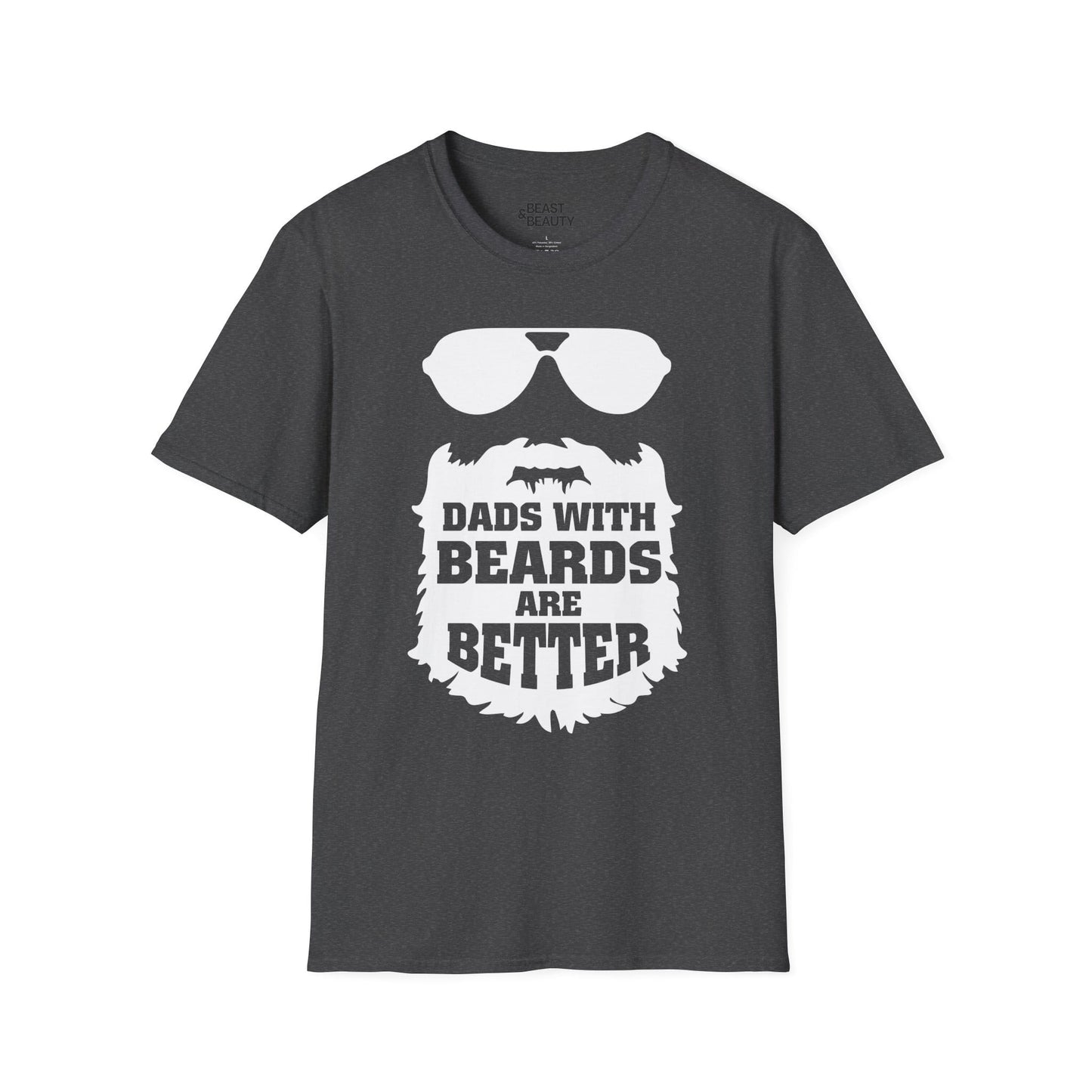 dark heather t-shirt with dads with beards are better graphic for dad gift