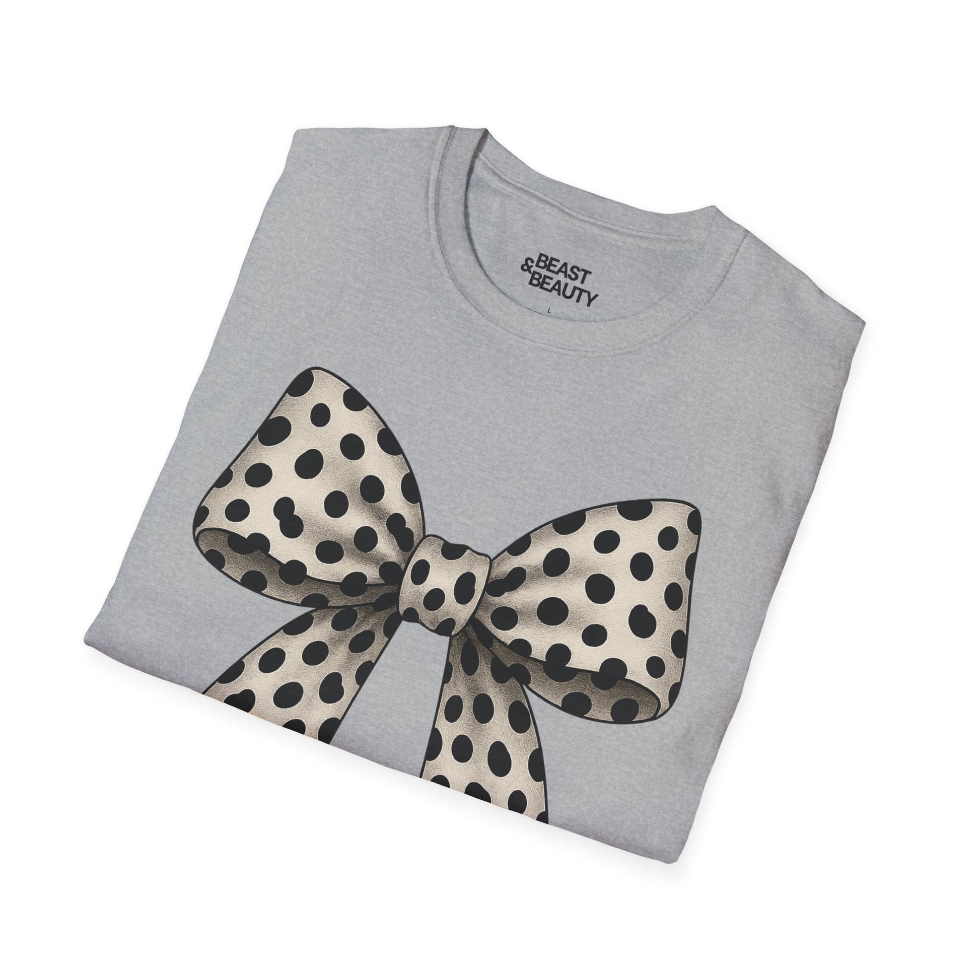 dalmatian bow t-shirt worn flat lay showing print quality