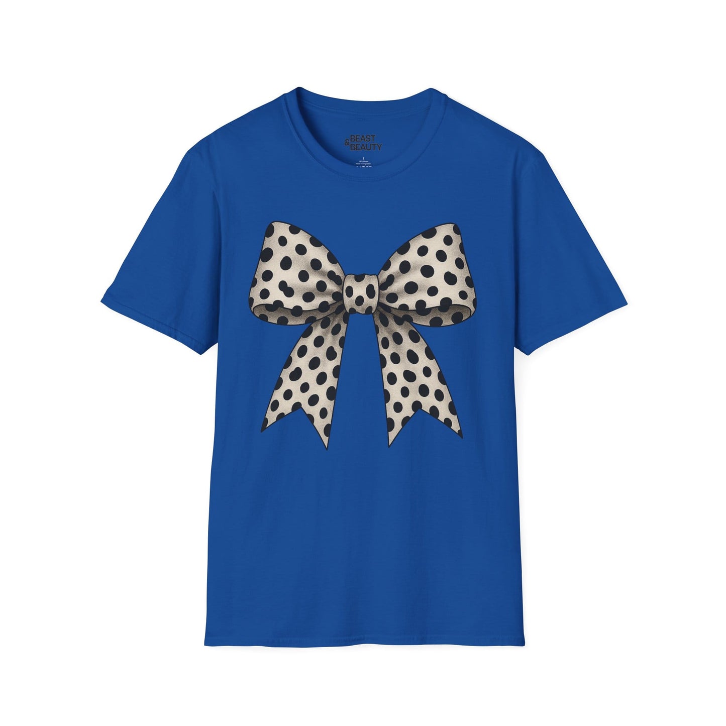 royal blue t-shirt with coquette dalmatian bow design