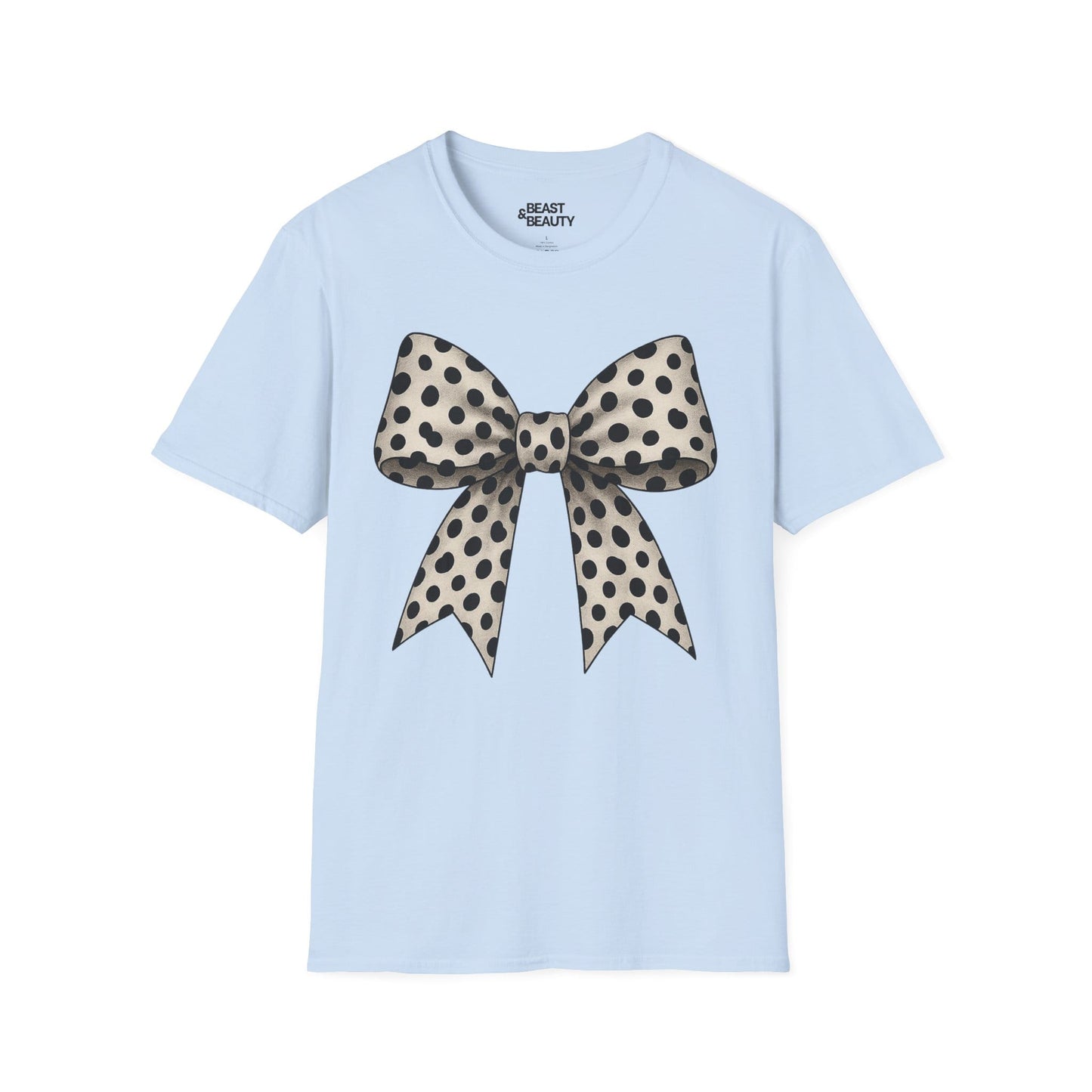 light blue t-shirt with playful dalmatian bow print