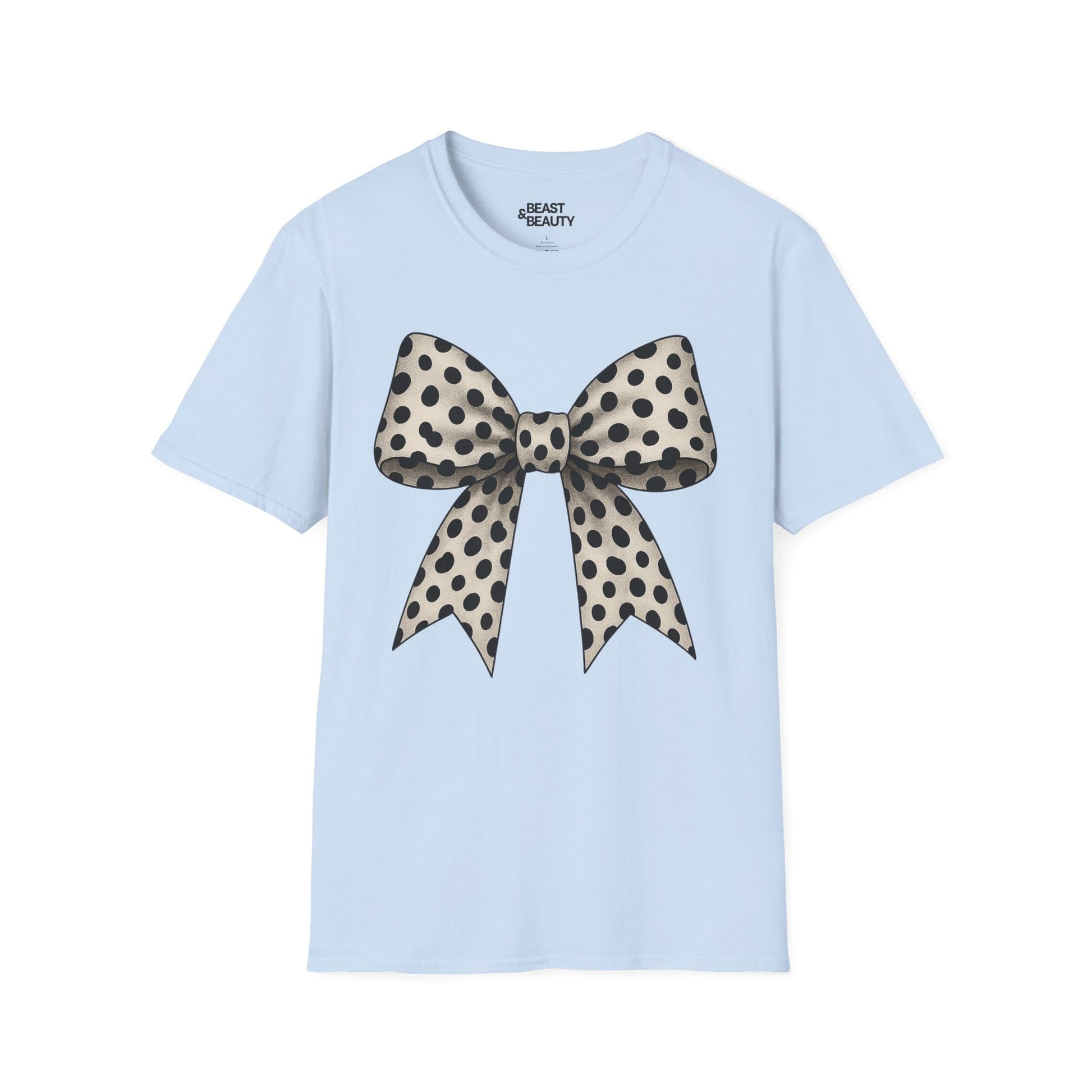 light blue t-shirt with playful dalmatian bow print