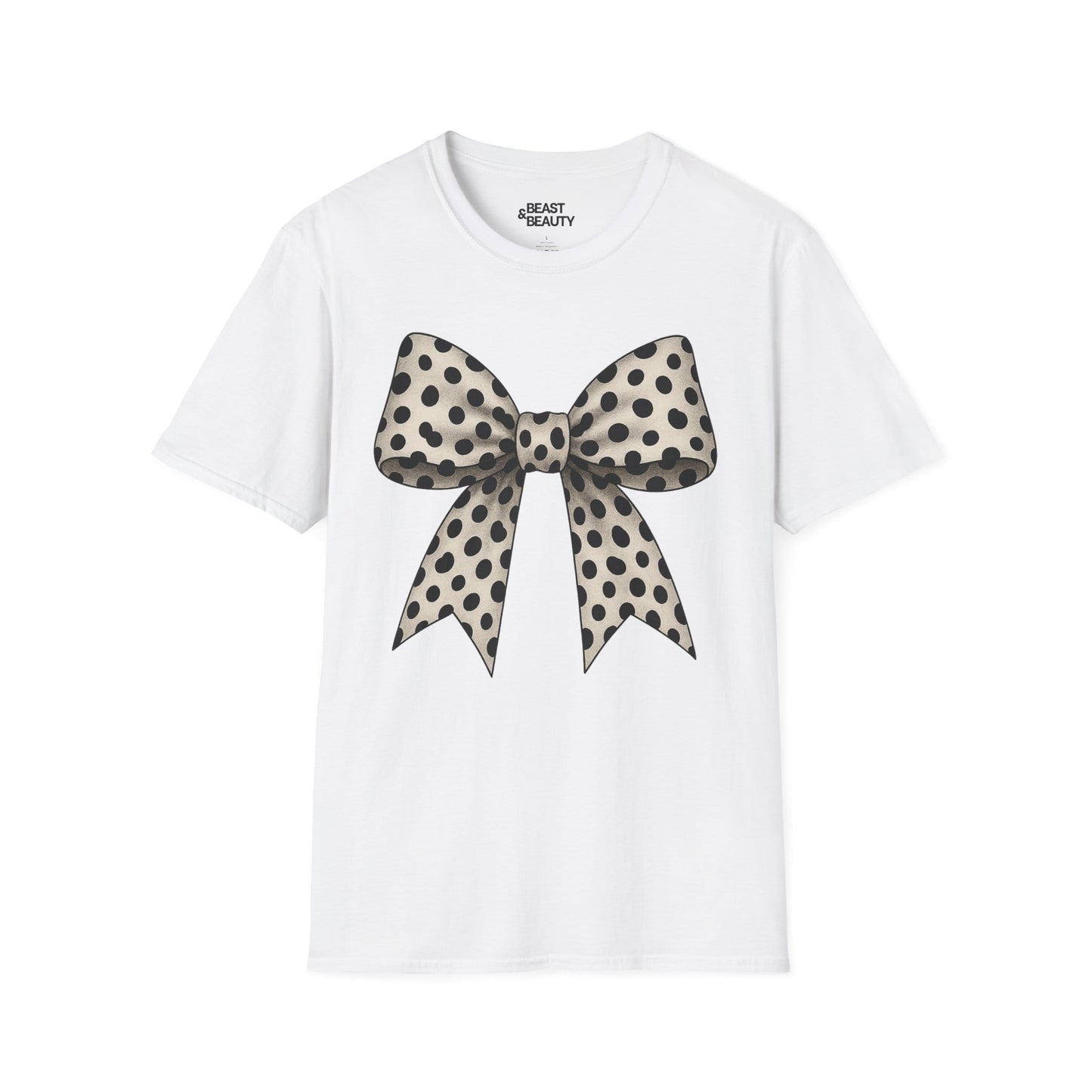 white t-shirt with spotted dalmatian bow graphic