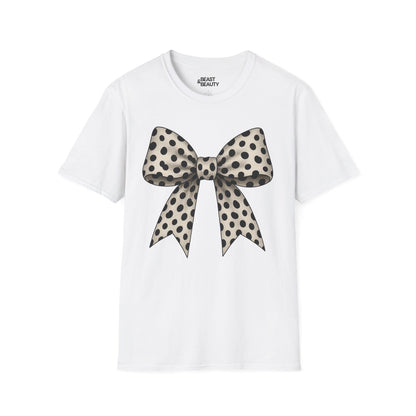 white t-shirt with spotted dalmatian bow graphic