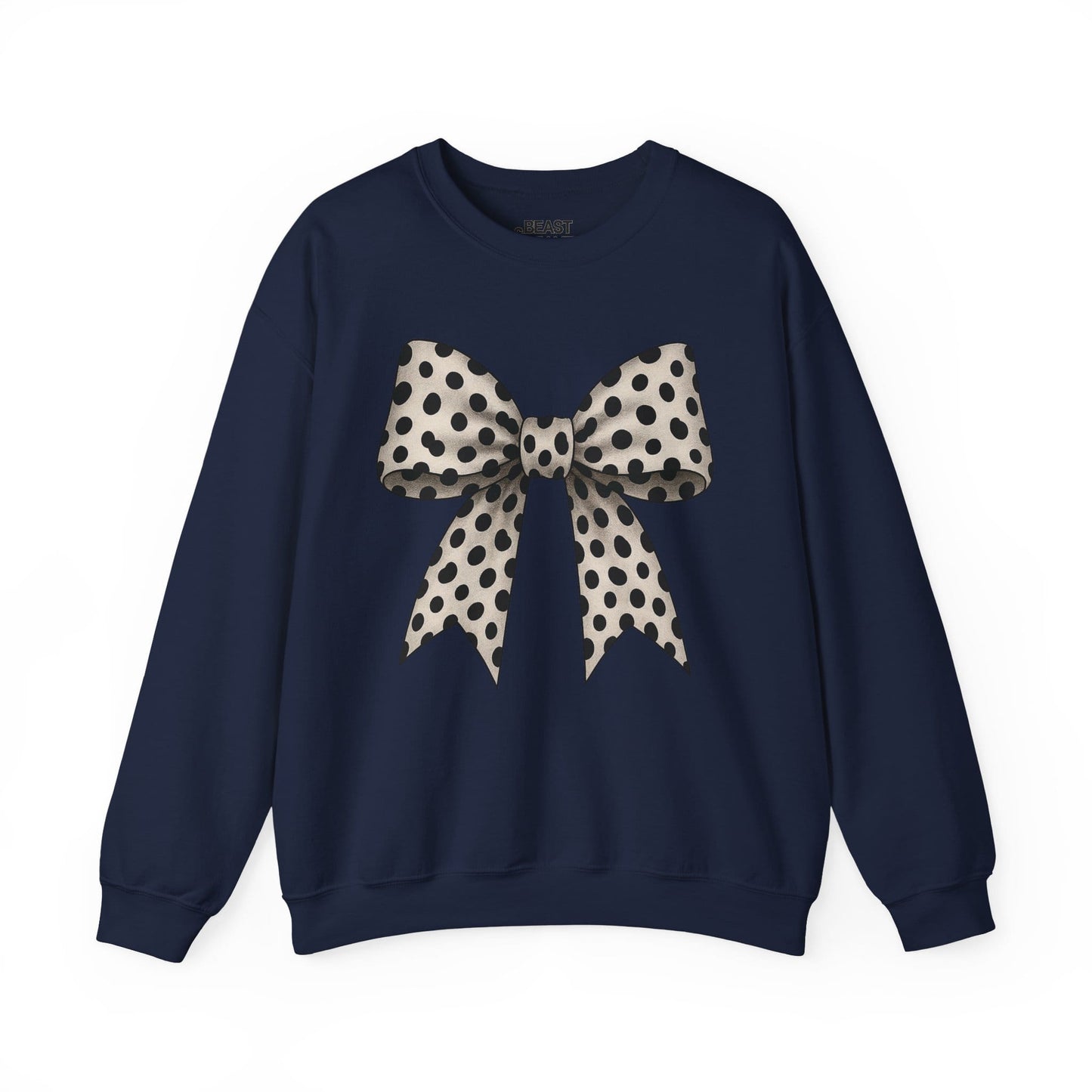 navy sweatshirt with bold dalmatian bow print for everyday wear