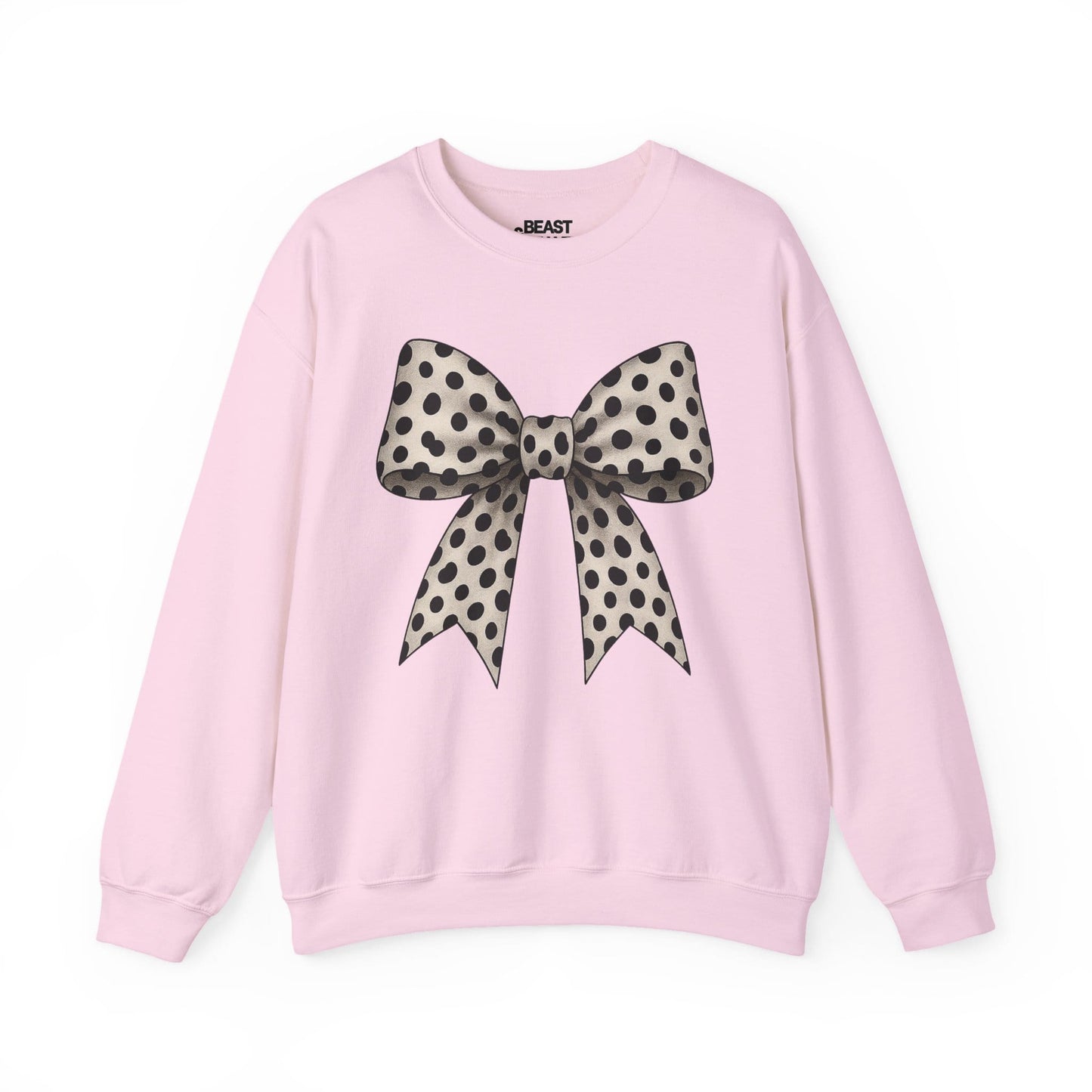 light pink sweatshirt with dalmatian print and bow design for coquette gift