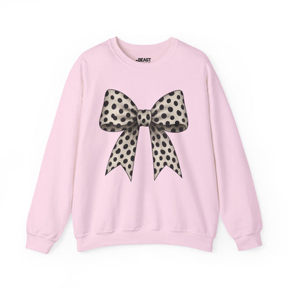 light pink sweatshirt with dalmatian print and bow design for coquette gift