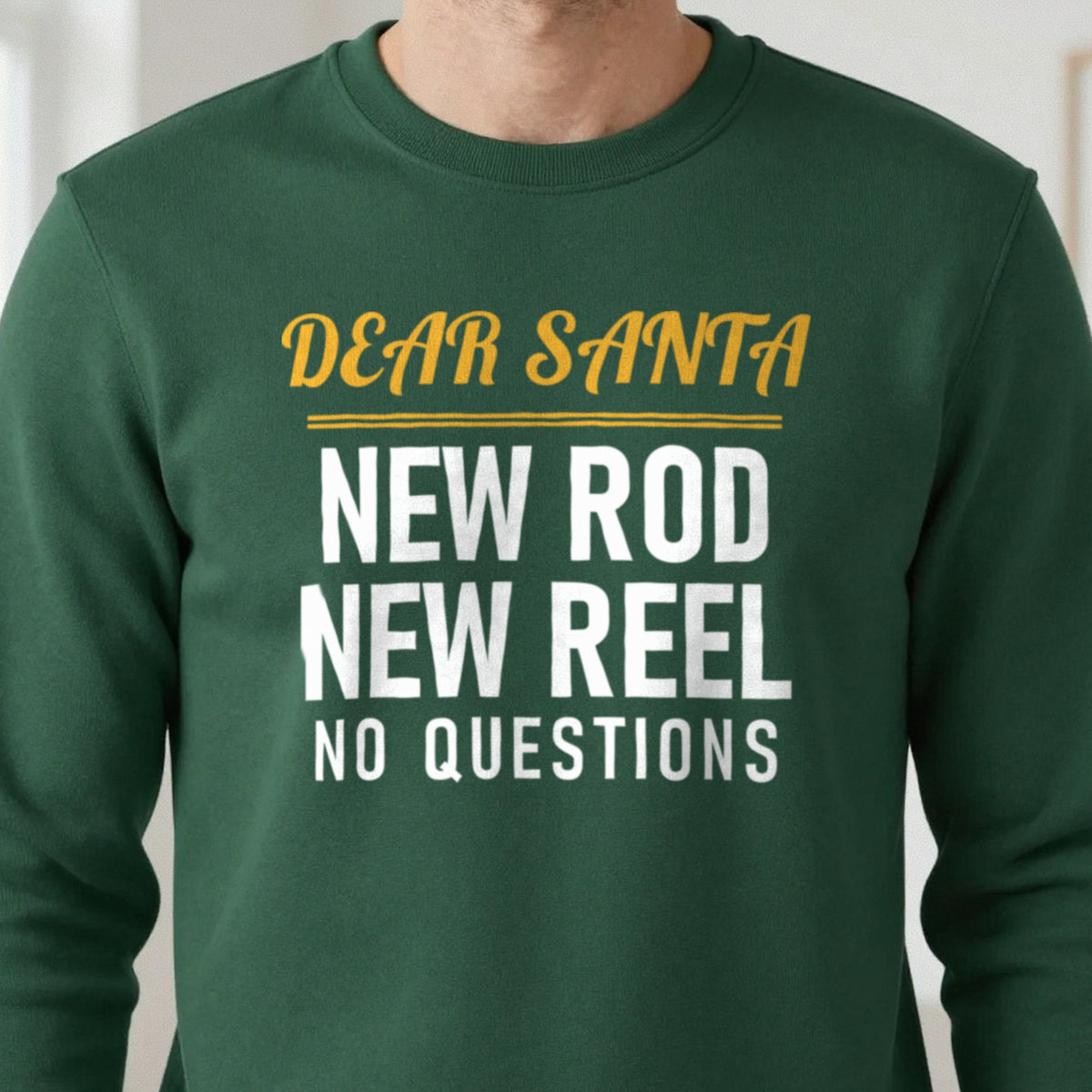 Dear Santa New Rod New Reel No Questions Funny Fishing Christmas Jumper & T-Shirt close-up