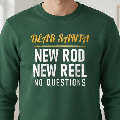 Dear Santa New Rod New Reel No Questions Funny Fishing Christmas Jumper & T-Shirt close-up