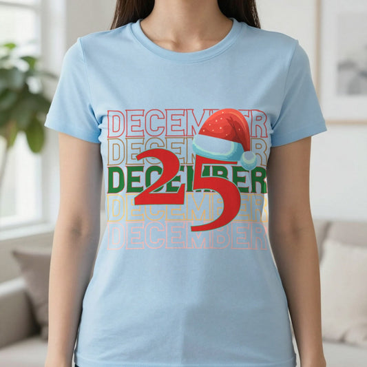 December 25 Christmas T-Shirt in Light Blue, worn, our photo