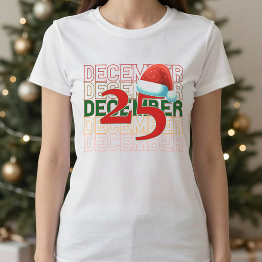 December 25 Christmas T-Shirt in White, worn, our photo