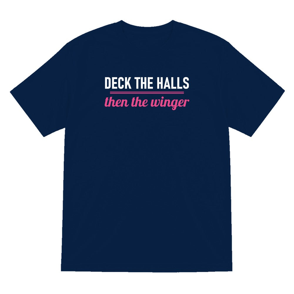 Deck The Halls Then The Winger Funny Rugby Christmas Jumper & T-Shirt T-Shirt in Navy