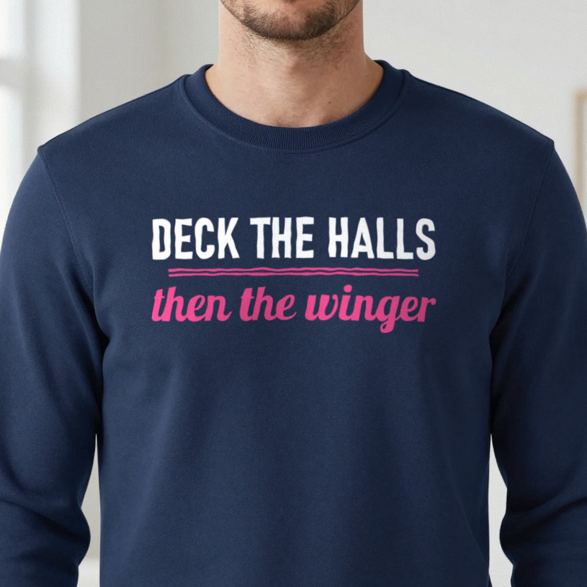 Deck The Halls Then The Winger Funny Rugby Christmas Jumper & T-Shirt close-up