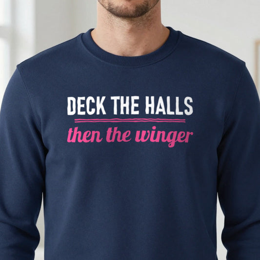 Deck The Halls Then The Winger Funny Rugby Christmas Jumper & T-Shirt close-up