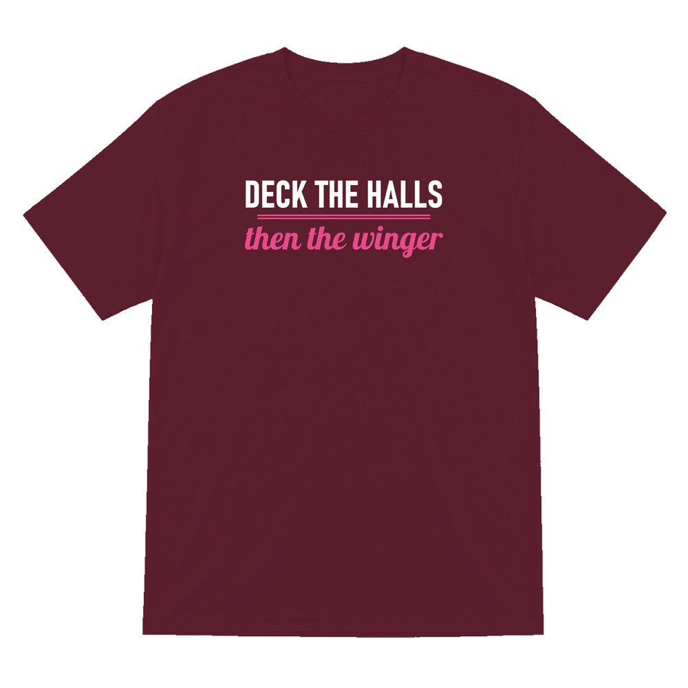 Deck The Halls Then The Winger Funny Rugby Christmas Jumper & T-Shirt T-Shirt in Maroon