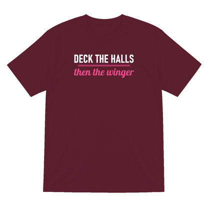 Deck The Halls Then The Winger Funny Rugby Christmas Jumper & T-Shirt T-Shirt in Maroon