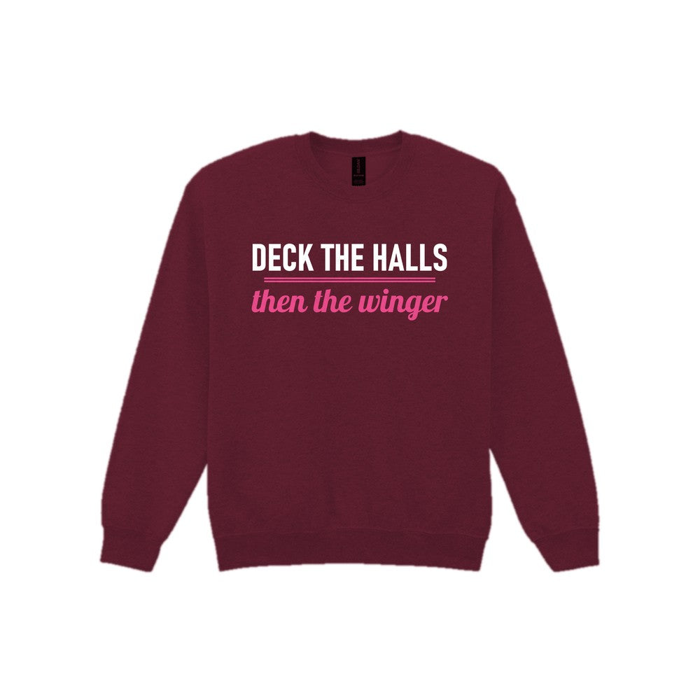 Deck The Halls Then The Winger Funny Rugby Christmas Jumper & T-Shirt Sweatshirt in Maroon