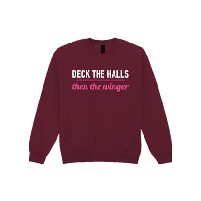 Deck The Halls Then The Winger Funny Rugby Christmas Jumper & T-Shirt Sweatshirt in Maroon