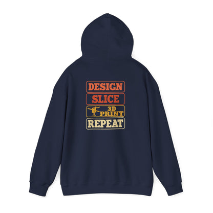 navy hoodie with retro orange stacked text design for 3D printing hobbyists and makers