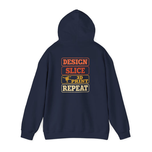 navy hoodie with retro orange stacked text design for 3D printing hobbyists and makers