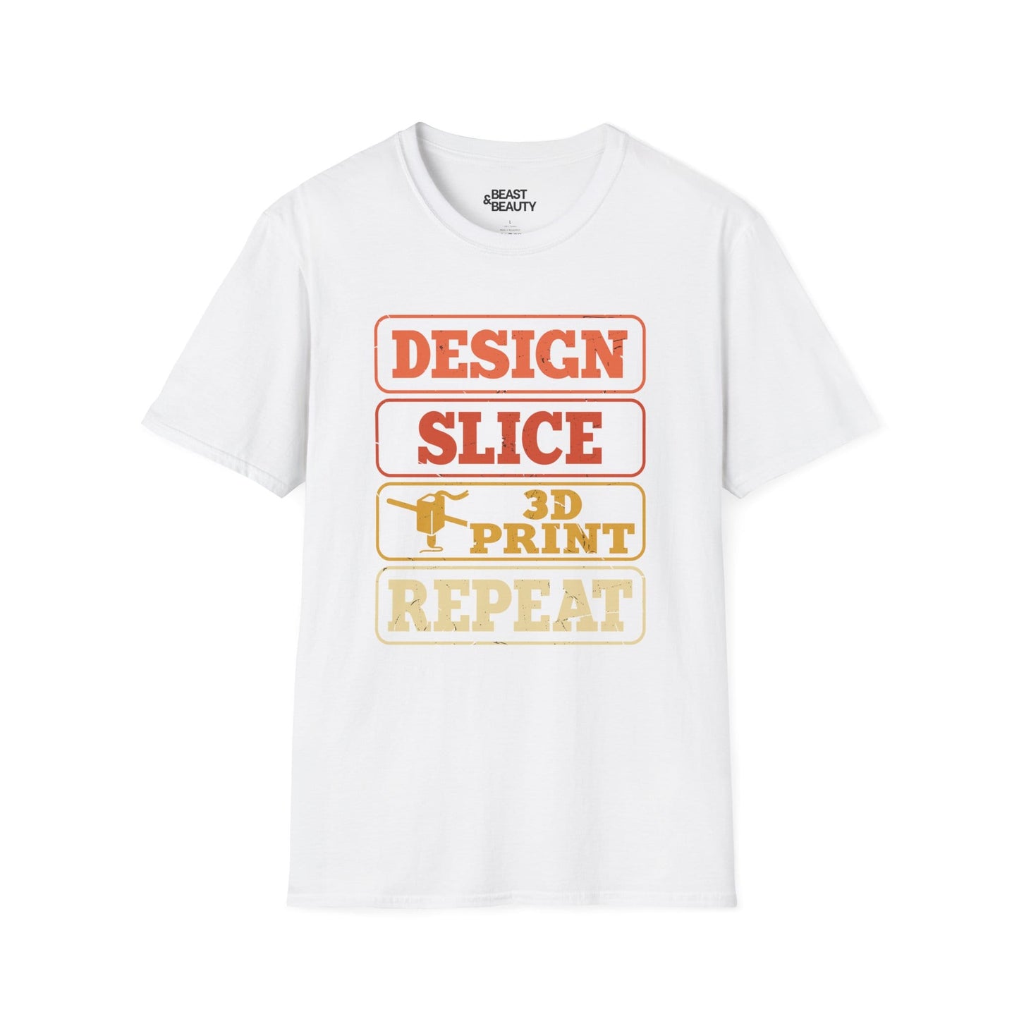 white t-shirt with design slice 3d print repeat stacked typographic graphic for tech gifts