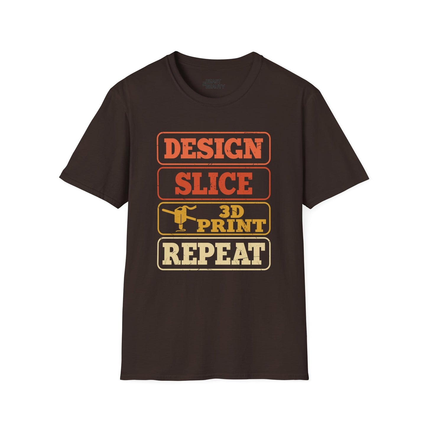 dark chocolate t-shirt with design slice 3d print repeat stacked typographic graphic
