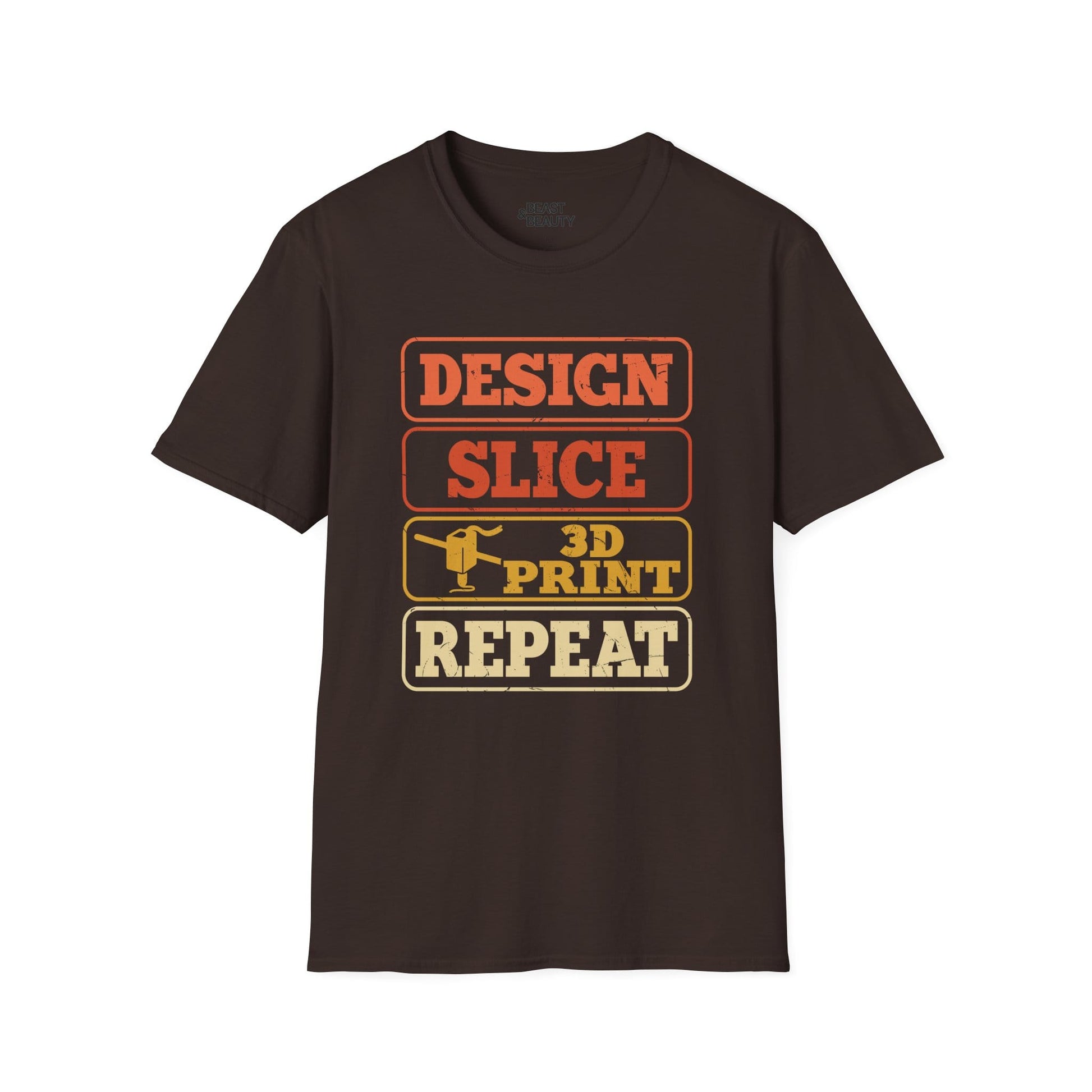 dark chocolate t-shirt with design slice 3d print repeat stacked typographic graphic