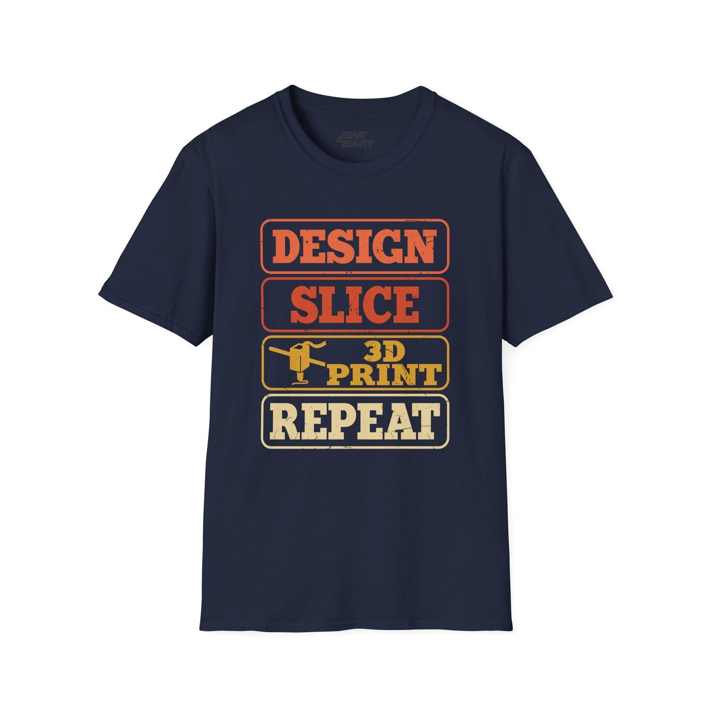 navy t-shirt with design slice 3d print repeat stacked typographic graphic for 3d printing enthusiasts