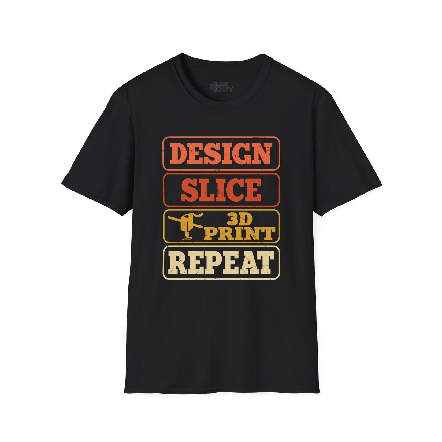 black t-shirt with design slice 3d print repeat stacked typographic graphic for makers