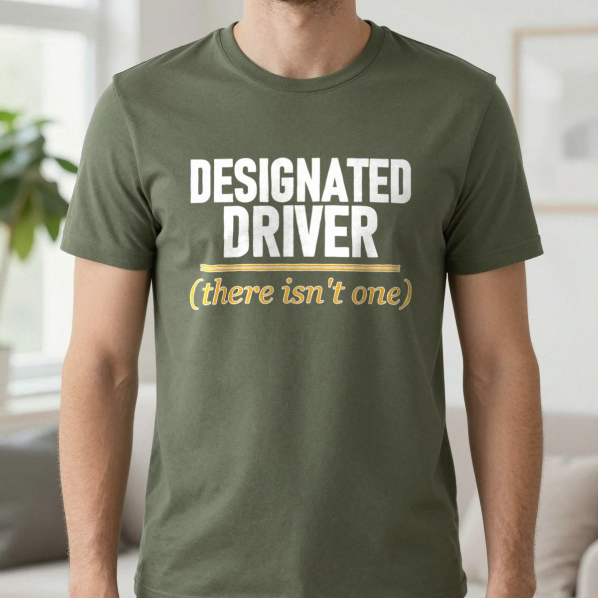 Designated Driver There Isn't One Stag Do T-Shirt & Sweatshirt in Military Green, worn, our photo