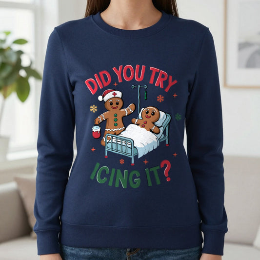 Did You Try Icing It Funny Christmas Sweatshirt in Navy, worn, our photo