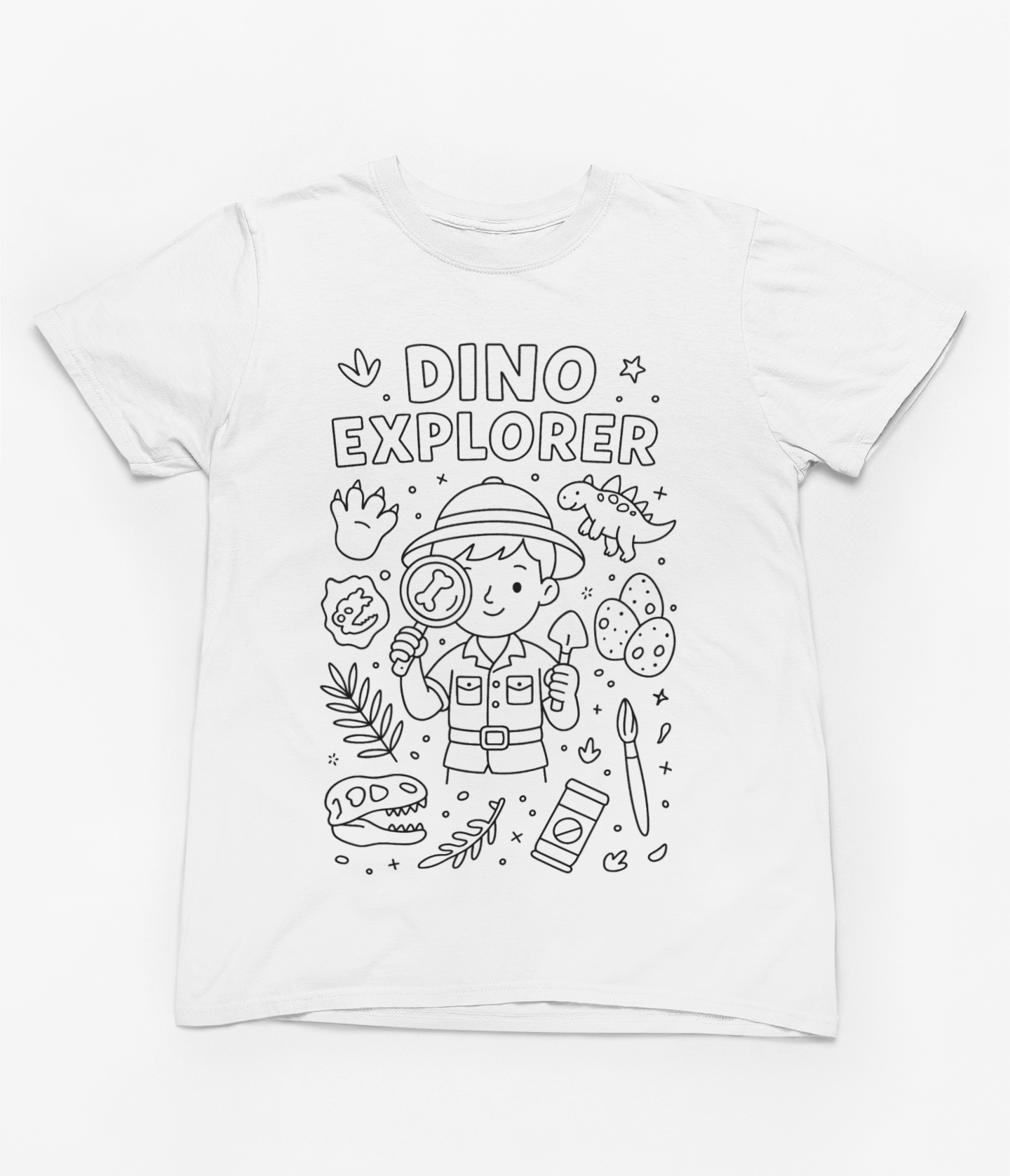 grey kids t-shirt with dino explorer bones and rocks colour-in print