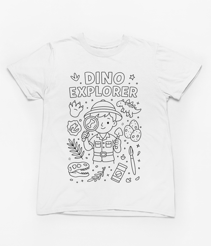 grey kids t-shirt with dino explorer bones and rocks colour-in print