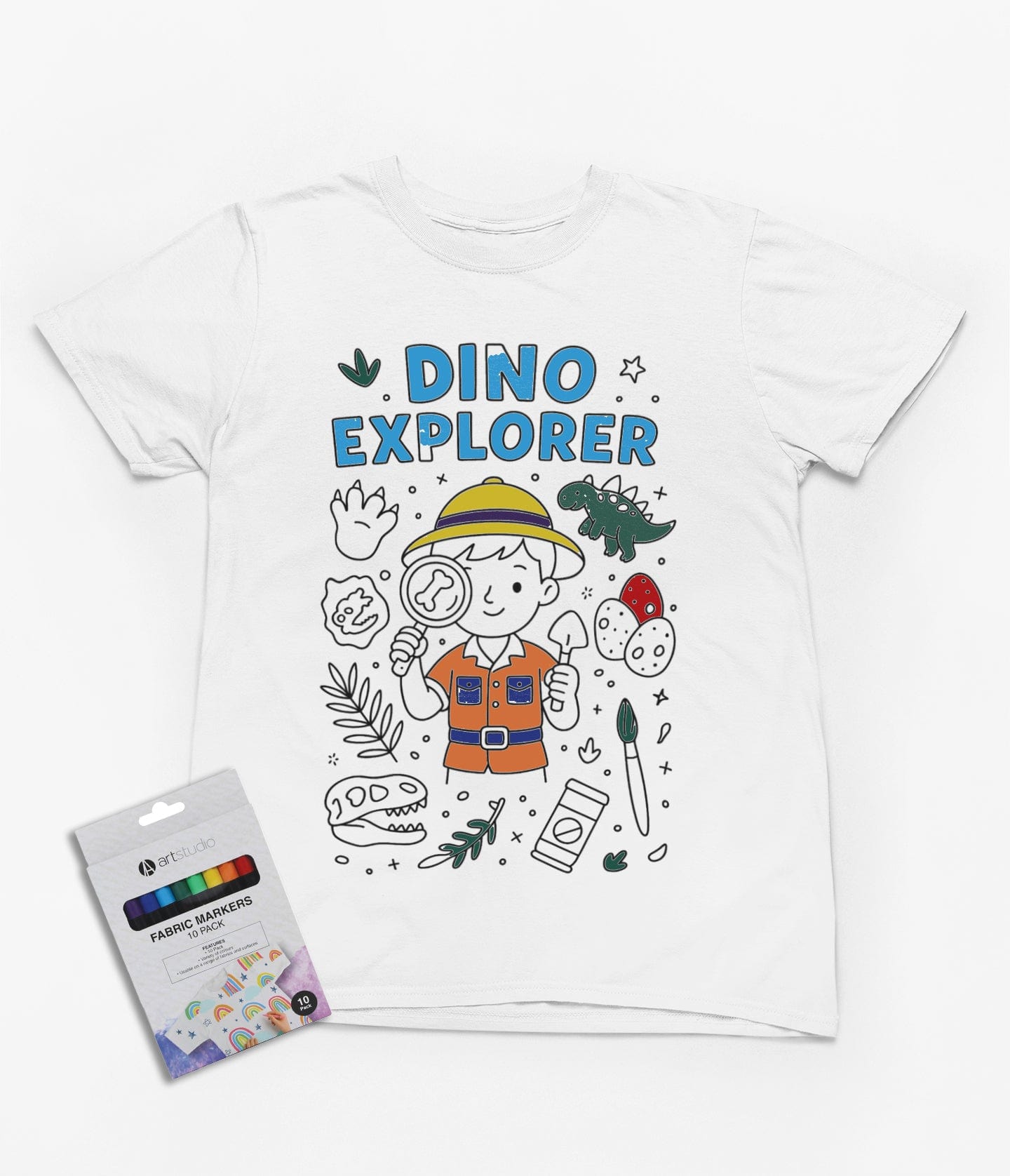 natural cotton kids colour-in t-shirt with dinosaur paleontologist graphic
