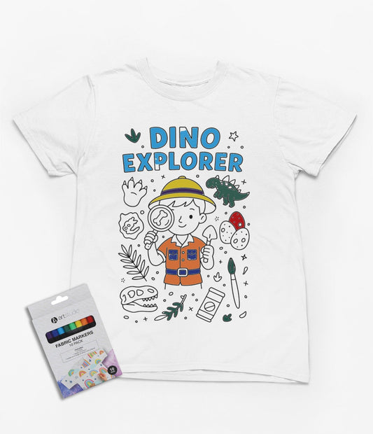 natural cotton kids colour-in t-shirt with dinosaur paleontologist graphic