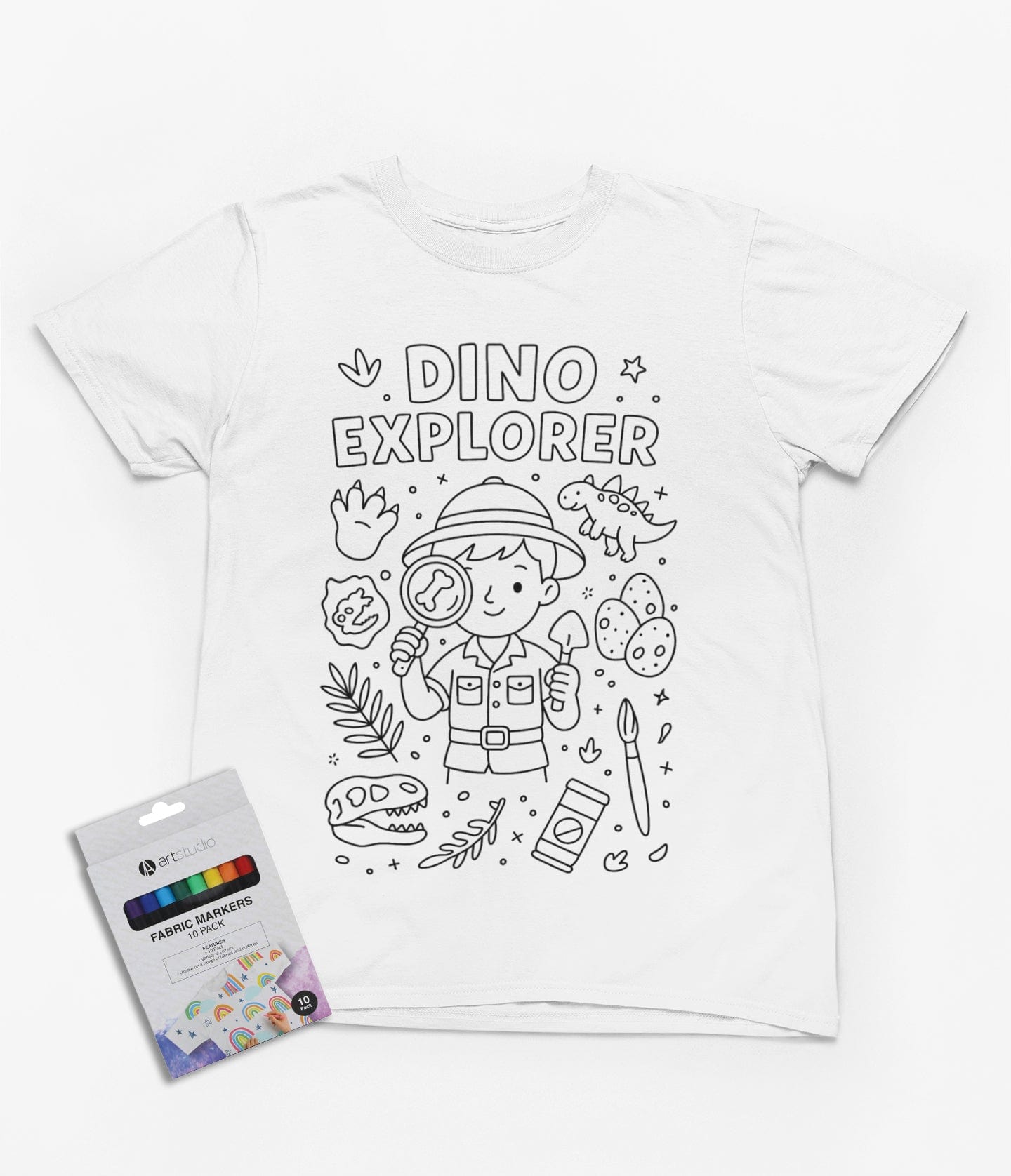 white kids t-shirt with dino explorer fossil and egg colour-in design